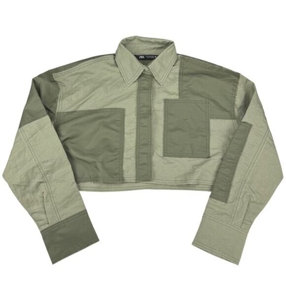 ZARA Cropped Patchwork Shirt Sz XS Green - Picture 2 of 5